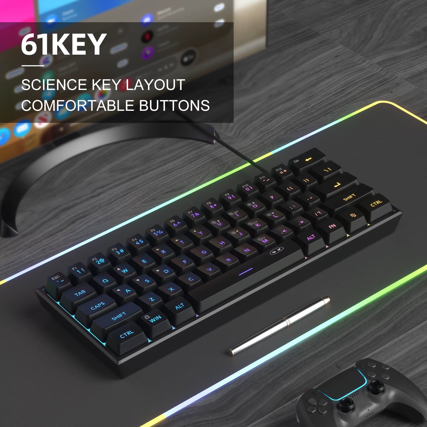 Mini 60% Gaming Keyboard, RGB Backlit 61 Key Ultra-Compact Keyboard, TS91 Ergonomic Waterproof Mechanical Feeling Office