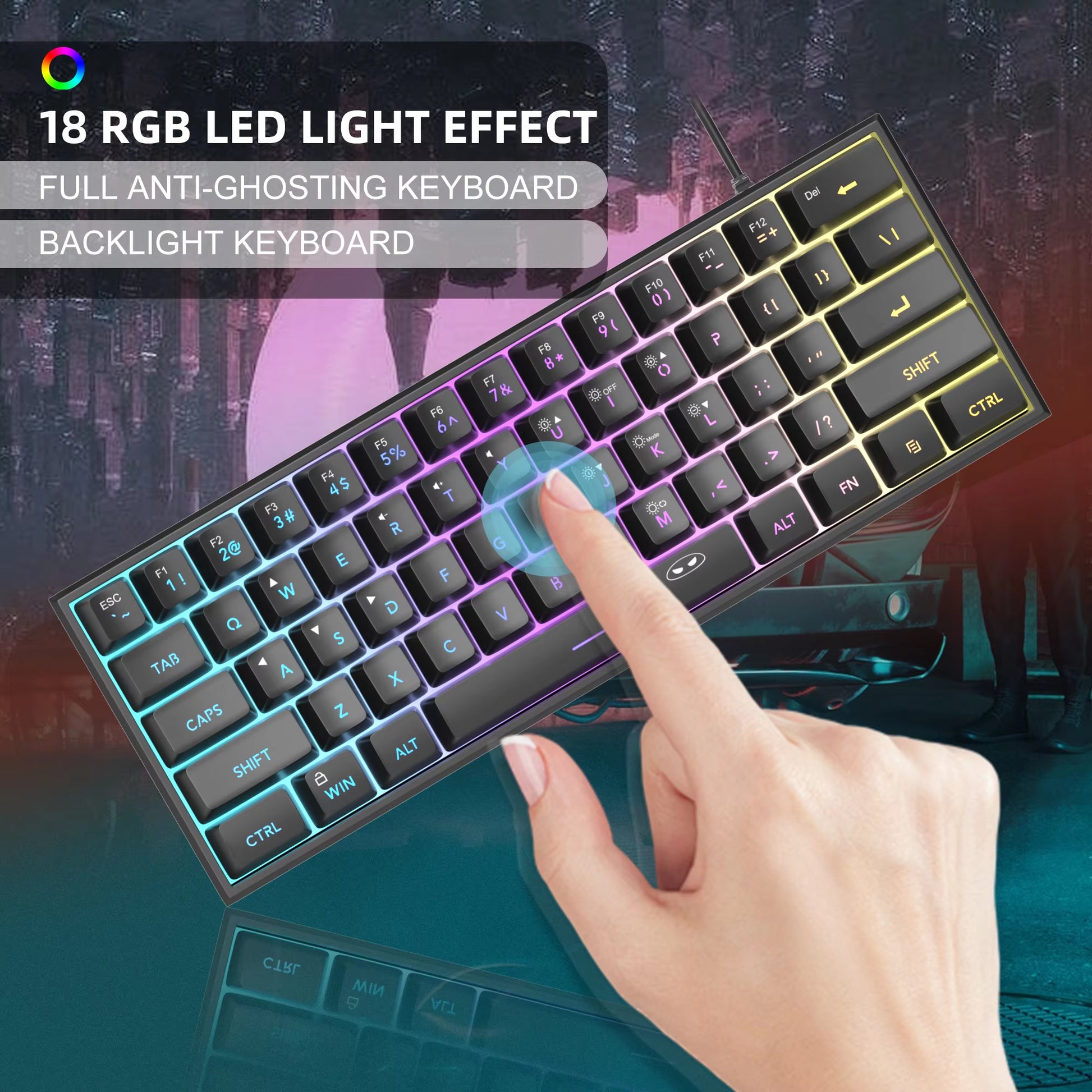 Mini 60% Gaming Keyboard, RGB Backlit 61 Key Ultra-Compact Keyboard, TS91 Ergonomic Waterproof Mechanical Feeling Office